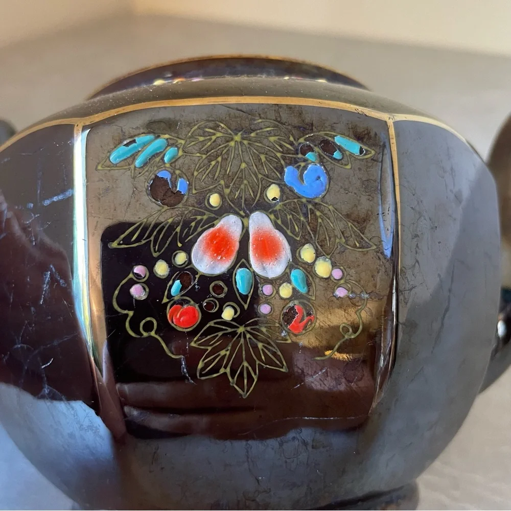 Vintage Mid-Century Japanese Moriage Dark Brown Ceramic Teapot Floral Design